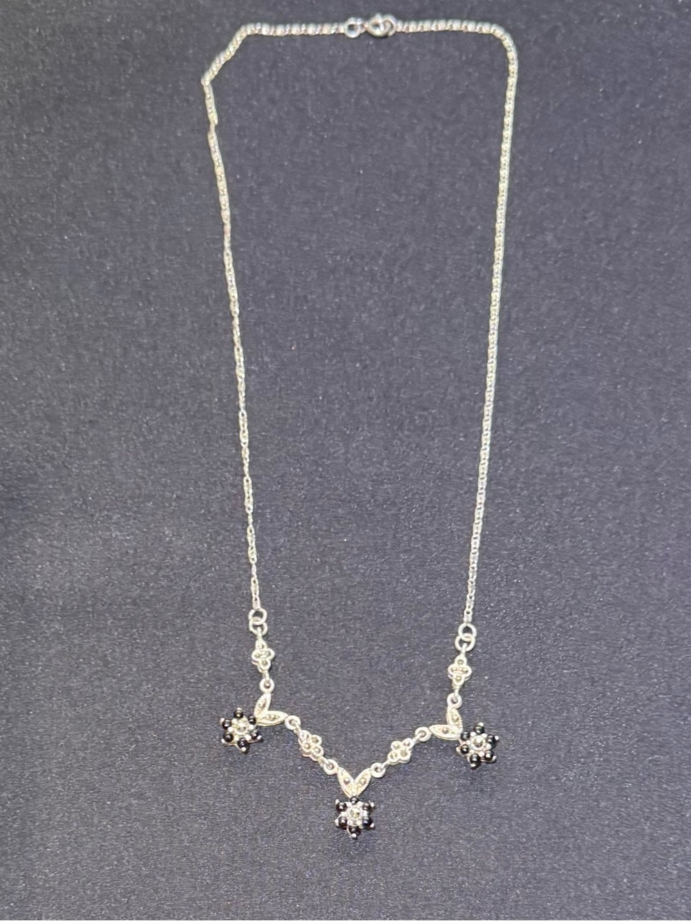 Sterling Silver Victorian - Revival Style Black Onyx Marcasite Necklace.